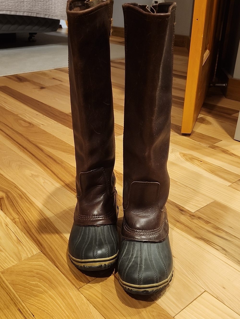 Sorel Brown Leather and Black Rubber Knee-High Heeled Boots